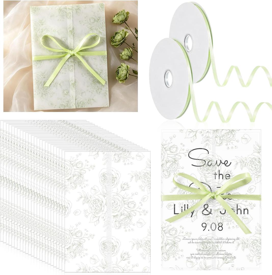 100 Pcs Pre Folded Floral Vellum Jackets for 5x7 Invitations, Wedding Translucent Vellum Paper with Ribbon, Envelope Liners for Wedding Bridal Baby Shower Birthday Mother Event(Sage Green)