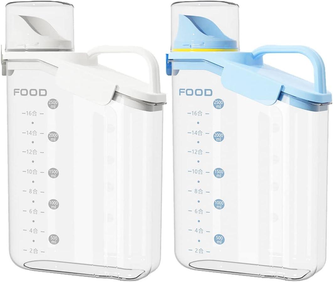 Total 2 items Cereal Containers Storage,Each2.5L Airtight Large Dry Food Storage .1 Blue 1 White.with Measuring Cup BPA Free Plastic DispenserSuitable for Storing Grains Flour and Various Foods.