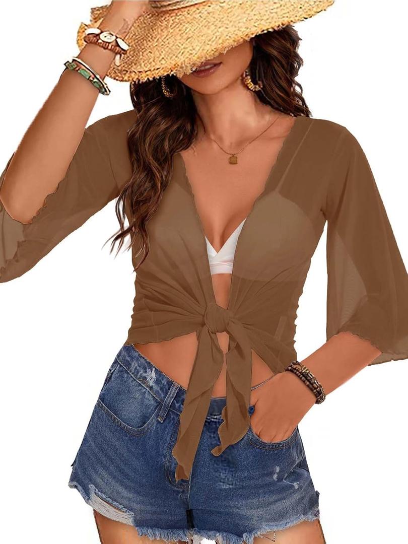 Women's Short Cardigan Bolero Shrug Sheer Tie Front Top 3/4 Sleeve Jacket for Dress 2026 (Large, Khaki)