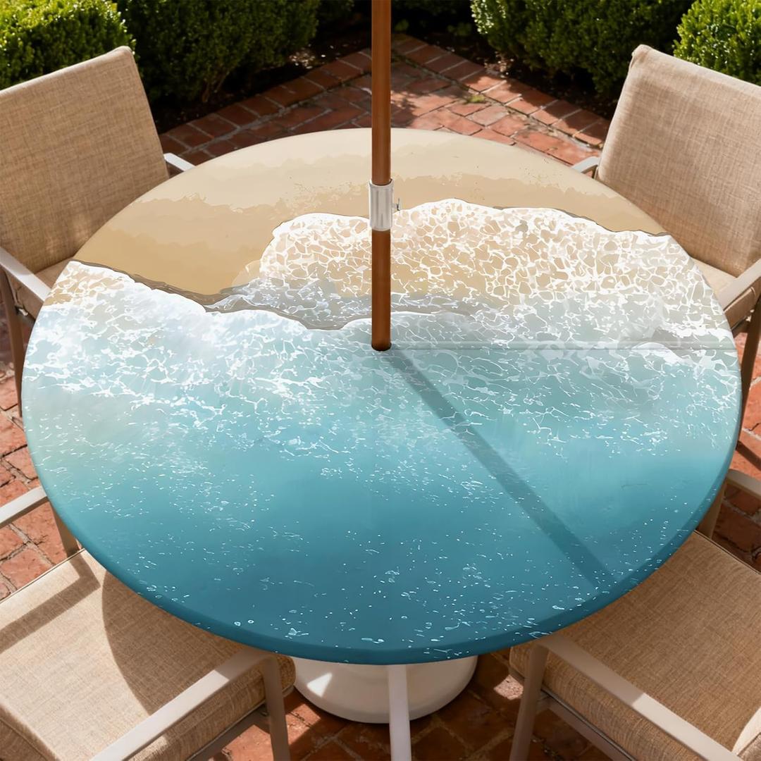 Outdoor Tablecloth with Umbrella Hole and Zipper Waterproof Round Fitted Tablecloth with Elastic Edge, Wipeable Outdoor Table Cover for Patio, Garden, Picnic Fits 53-60" Round Tables