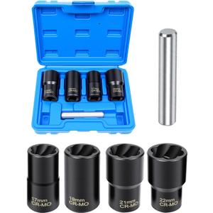 Professional 5-Piece Lug Nut Extractor Set with 1/2-inch Drive, Impact Twist Socket Set,17mm 19mm 21mm 22mm Wheel Lock Removal Tool Kit for Stripped Lug Nut Remover