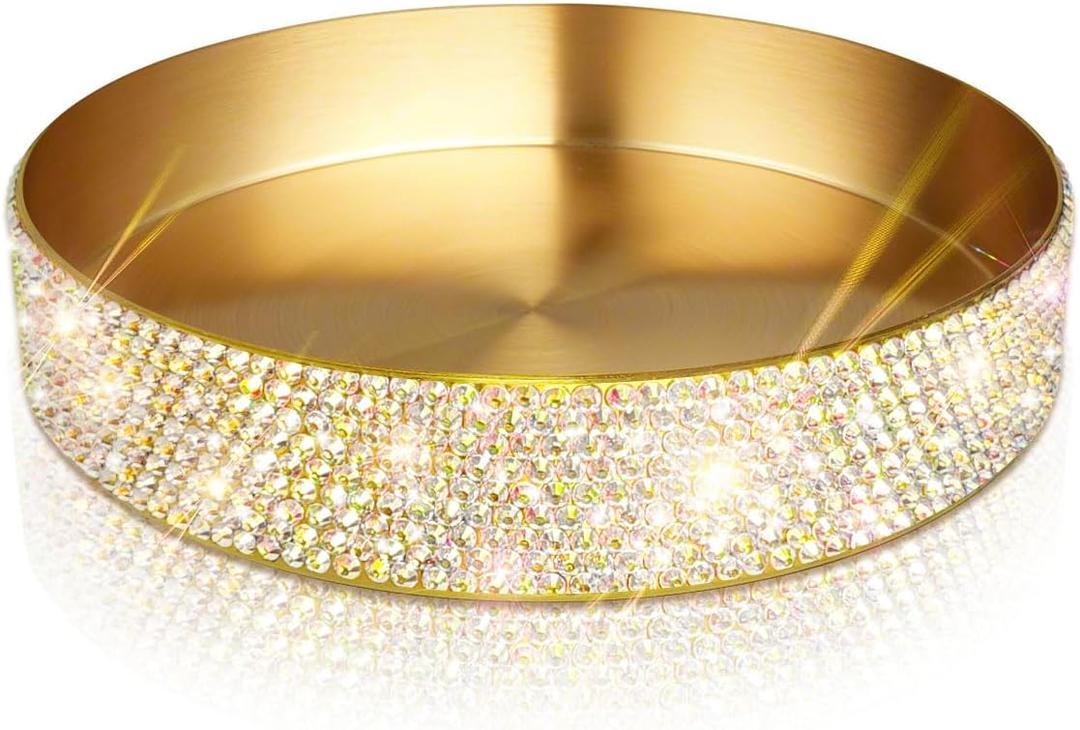 Round Bling Stainless Steel Serving Tray, Shiny Serving Platter for Coffee Table Display, Glitter Rhinestones Decorative Tray for Home Decor (Golden-5.5 inch)