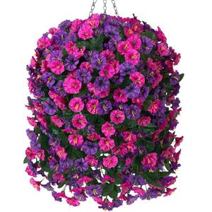 Artificial Fake Flowers Plants Hanging Baskets for Outdoor Outside, Faux Silk Hanging Dark Purple and Fuchsia Morning Glory Trailing Vines UV Resistant Look Real for Porch Patio Home Decoration