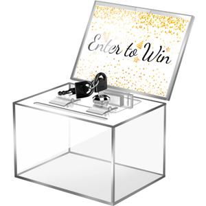 Acrylic Donation Box with Lock & Key, Clear Lockable Raffle Box, Suggestion Boxs Ballot Boxs with Sign Holder- Includes 100 "Enter to Win" Cards (6x4.3x4in)