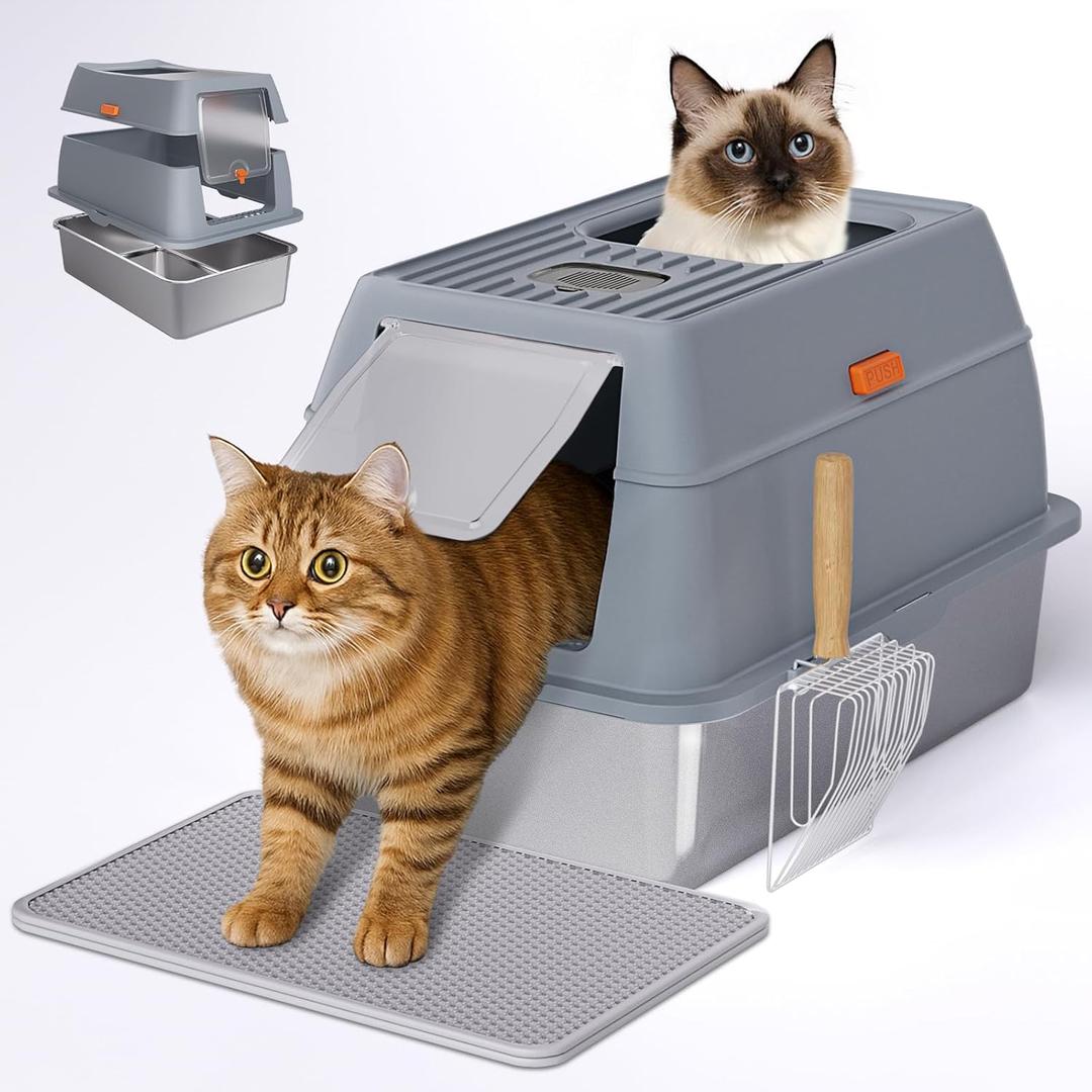 Stainless Steel Litter Box with Lid, 8 Deep Pan, Extra Large Litter Box for Big Cats, Anti-Leakage, Odor Free, Front & Top Dual Entry, Includes Litter Mat & Metal Scoop (Grey)
