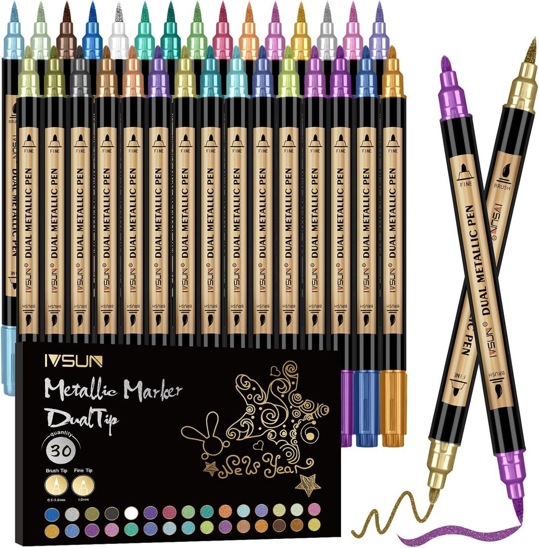 Metallic Marker Pens, 30 Colors Dual Tip Acrylic Paint Pens for Black Paper, Scrapbooking, Photo Album, Rock Painting, Paint Marker for DIY Arts & Crafts, Glass, Wood, Card Making, Scrapbook Supplies