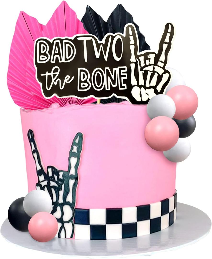 Pink Bad Two the Bone Party Decorations,Bad Two the Bone Cake Topper Rock And Roll 2nd Birthday Party Decorations Cake Decor for Rock Music Theme 2 Year Old Birthday Party
