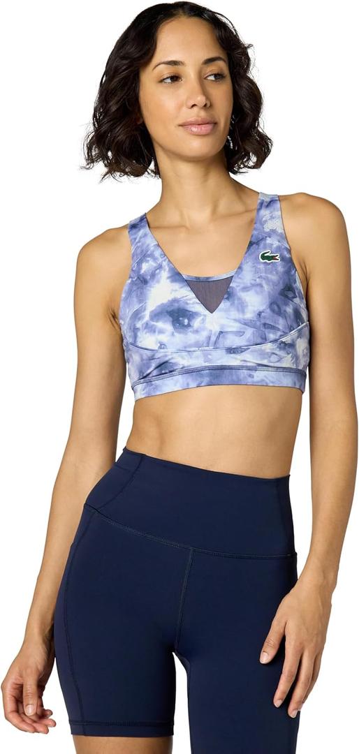 Lacoste Women's Recycled Print Sports Bra (Medium, White/Navy Blue)