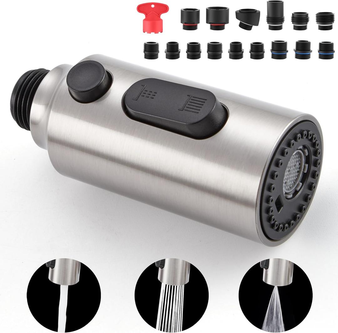 Kitchen Faucet Spray Head Replacement, Pull Down Faucet Head Replacement with 15 Adapters, 3 Function Spray Nozzle for Kitchen Faucet, Replacement Pull Out Faucet Head, Brushed Nickel