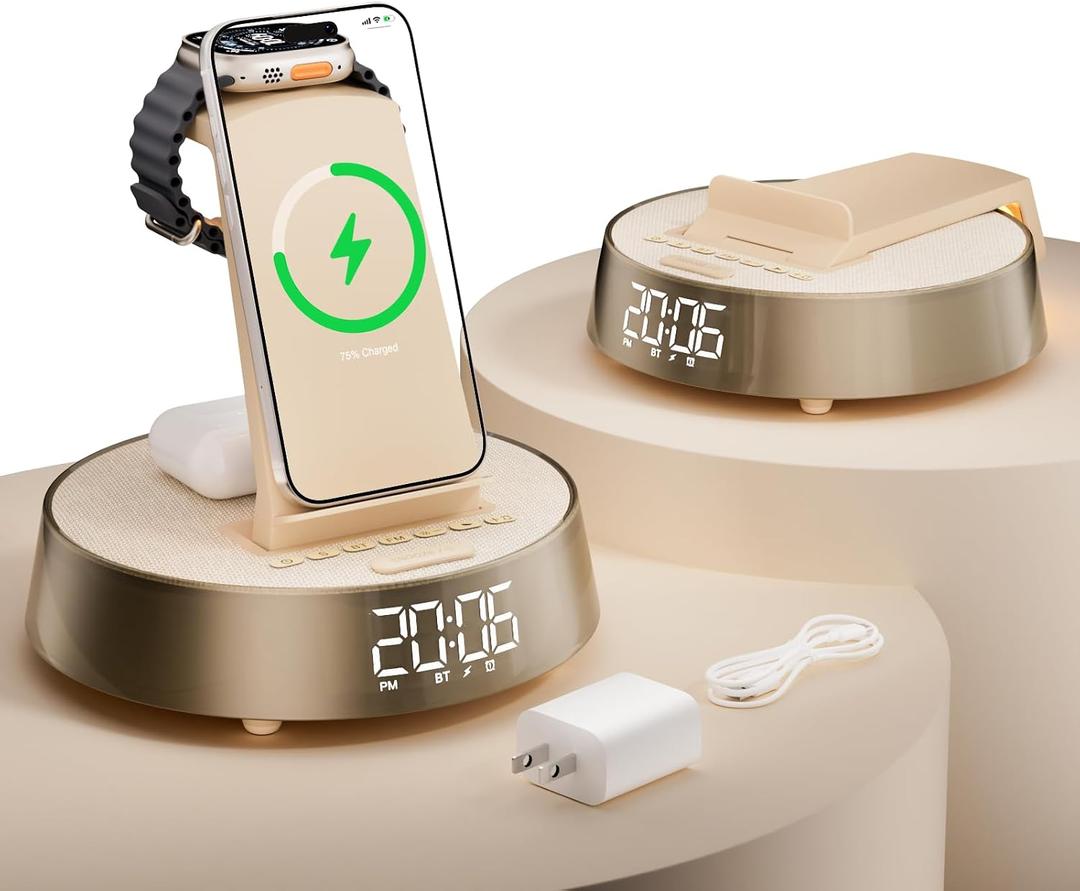 6 in 1 Wireless Charging Station with Alarm Clock, Bluetooth Speaker, FM Radio, Night Light for Bedroom Office, Wireless Charger Dock Station for iPhone 17 16 15 14 13 12 Pro Max,Apple Watch, AirPods