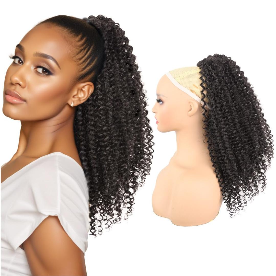 Long Afro Kinky Curly Drawstring Ponytail for Women 22inch Deep Curly Instant Clip Ponytail Extension Synthetic Protective Style for Daily Party Use, #2 Brown Black