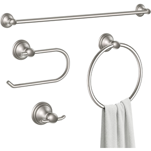 Formosa Design Hardware Classic 4-Piece Bathroom Accessories Set, 24-inch Towel Bar, Toilet Paper Holder, Towel Ring, and Robe Hook, Durable Zinc Alloy & Stainless Steel, (Brushed Nickel Finish)