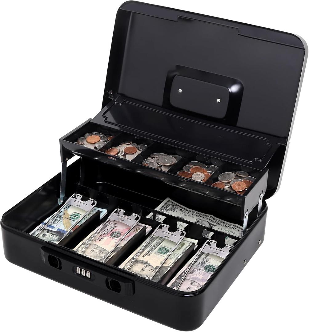 Jssmst Cash Box with Sliding Coin Lid and Snap Latch Combination Lock - Portable Cash Box with Money Tray and Lock, Secure Locking Money Box for Cash Organizer, 11.8L x 9.5W x 3.5H Inches, Black