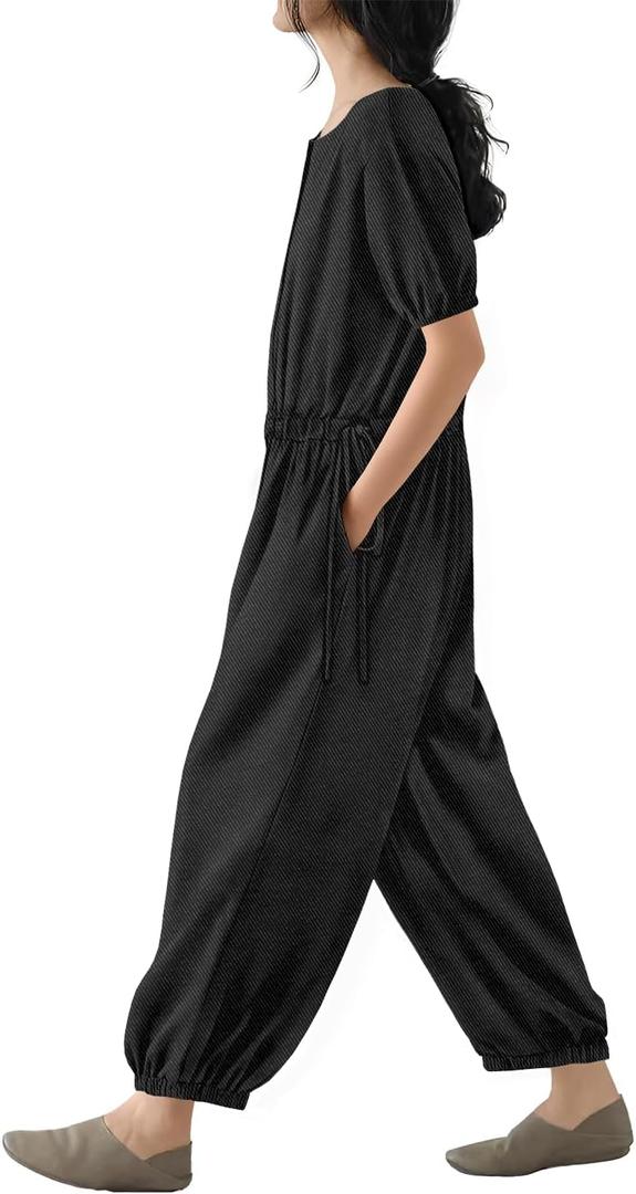 YESNO Jumpsuits for Women Casual Floral Boho Cropped Drawstring Rompers Short Sleeve Button Down One Piece Outfits PJ0 (M)