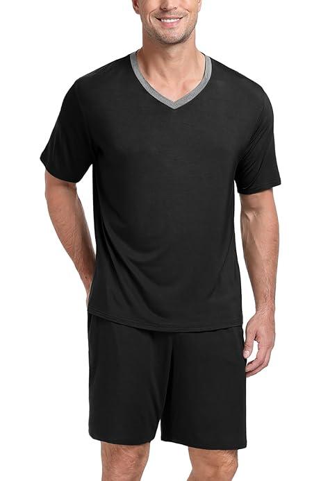 PrinStory Men's Pajamas Set Sleepwear Lightweight Short Sleeve Shirts and Shorts Soft 2 Piece Lounge Set Cozy Nightwear (Medium, Black)