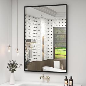 24" x 36" Black Framed Bathroom Mirror for Over Sink, Rectangular Beveled Framed Vanity Mirror, Right Angle Corner, HD Reflection, Horizontal or Vertical Mount