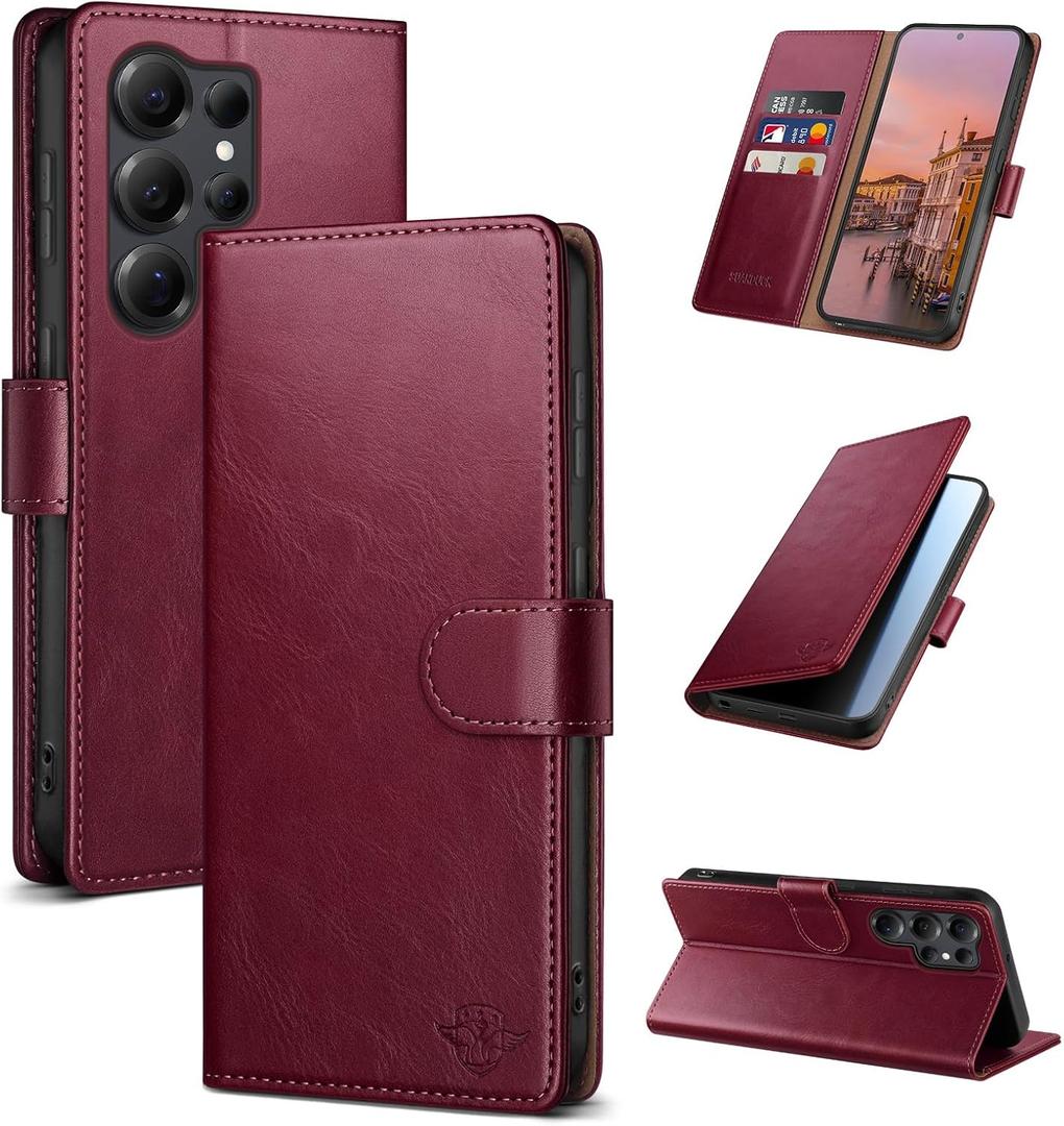 Wallet Case for Samsung Galaxy S25 Ultra with RFID-Blocking Credit Card Holder, PU Leather Folio Flip Cover Women Men Protective Phone Case Compatible with Samsung S25 Ultra, Wine Red