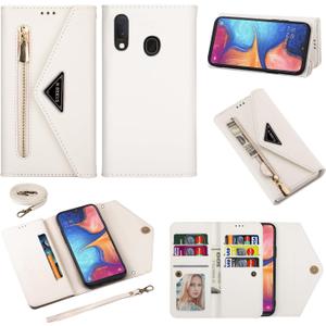 Wallet Case for Samsung Galaxy A20e Leather Flip Zipper Purse Handbag with Credit Card Holder Crossbody Shoulder Strap and Wrist Strap Lanyard Phone Cover for A 20e 20ae Women White