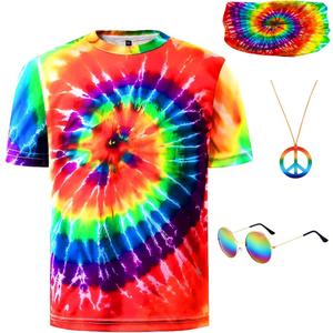 Hippie Costume for Men 60s 70s Colorful T-Shirt Outfits 4 PCS Accessories Set for Theme Party,130