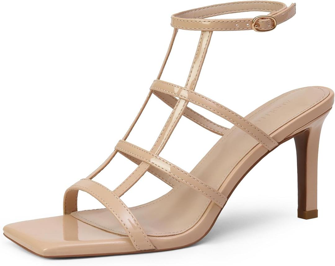 Adolilove Womens Strappy Heels 3 inch Slingback Square Open Toe Stilettos Sandals, Patent Leather, Sexy Party Dress Shoes (6, Nude)