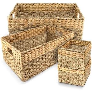 Wicker Basket Set of 3, Seagrass & Hyacinth Storage Baskets with Handles | MULTI-ROOM STORAGE — 3 nesting wicker baskets organize blankets, pantry goods, linens, toys and everyday essentials.