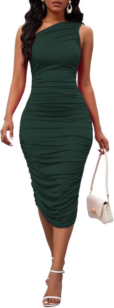 Women's Sexy One Shoulder Dresses Sleeveless Party Club Ruched Cocktail Wedding Guest Bodycon Midi Dress (Green), S