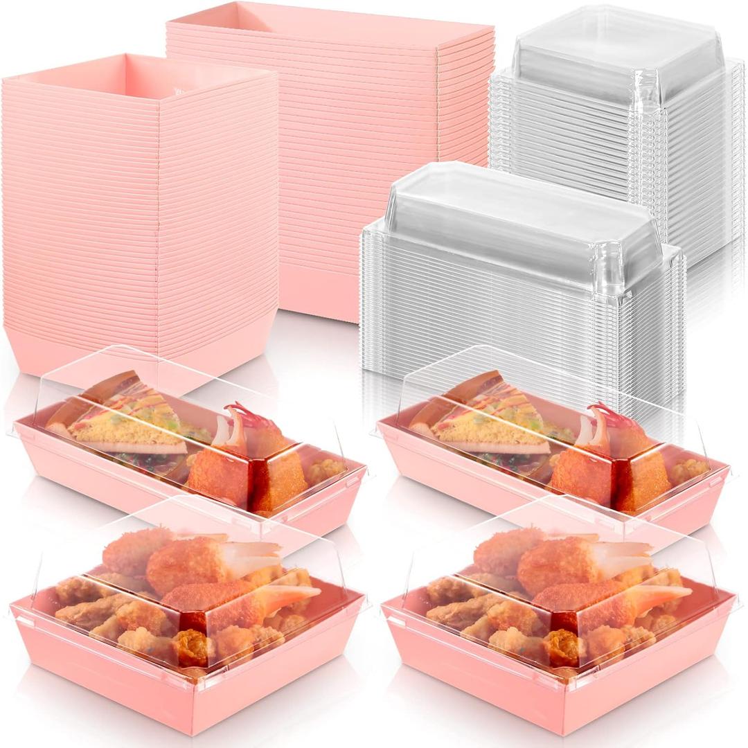 Gejoy 100 Pcs 2 Size Pink Charcuterie Boxes with Clear Lids, Disposable Paper Dessert Boxes, Food Dessert Containers for Sandwich Cake Slice Cookie Bakery Chocolate Strawberries(Pink)