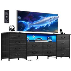 WLIVE 12 Drawer Dresser for Bedroom, Black Dresser TV Stand for 65, 70, 75 inch TV with Led Light & Charging Station, Wide Chest of Drawers with Open Shelves, Fabric Dressers for Closet, Living Room