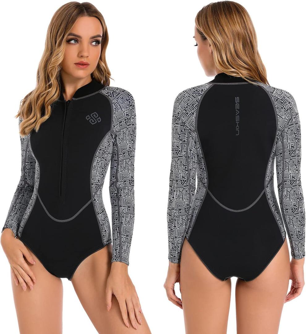 Seaskin Womens One Piece Long Sleeves Shorty Wetsuit 2mm (Medium, Black)