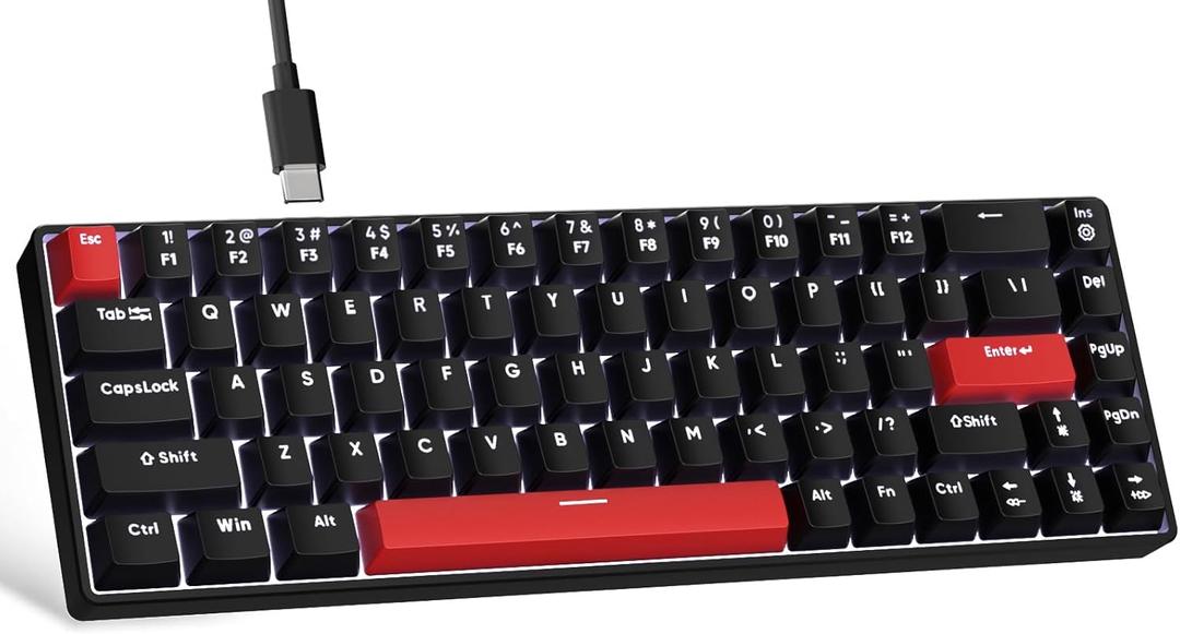 FFJ Portable 60% Mechanical Gaming Keyboard, Anti-ghostin, White LED Backlight, Compact 68 Keys Mini Wired Keyboard with Linear Red Switch for Windows Laptop PC Mac Gamer - Black