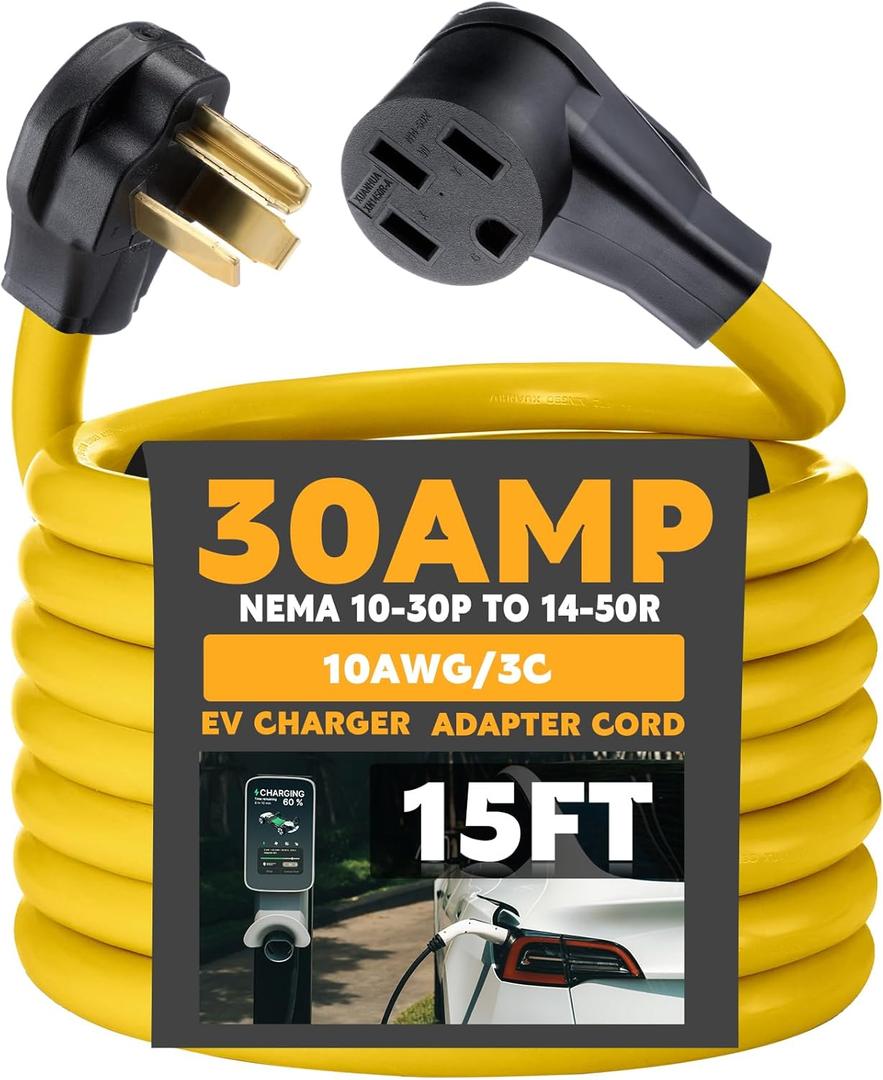 Tellegloww 15 ft NEMA 10-30P to 14-50R EV Charger Cord 3 Prong Old Dryer Outlet to Level 2 EV Charger Extension Cord with Handle (Only for 3 Prong L-Shaped Old Dryer NEMA 10-30R Outlet) ETL Listed