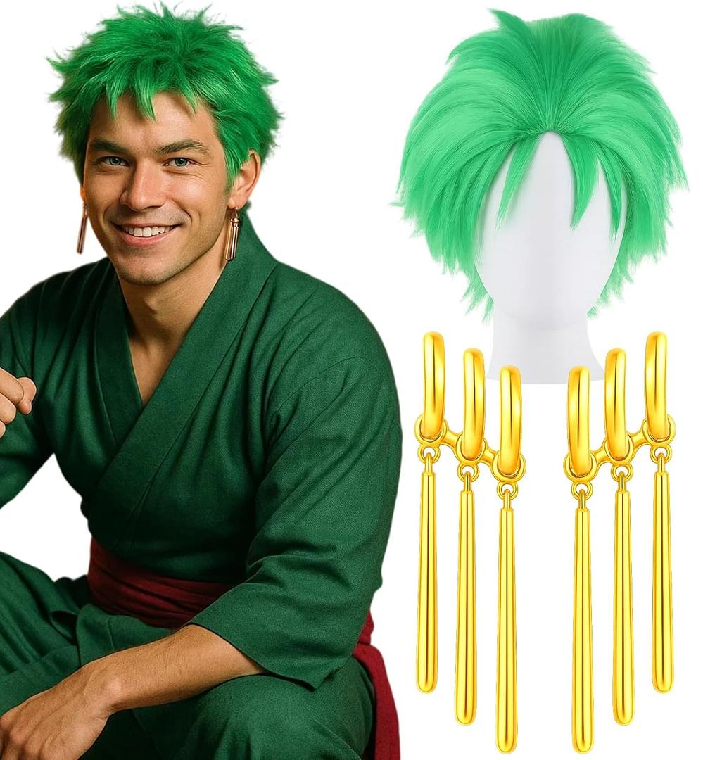 Swooflia Green Short Wig for Men & Cosplay Accessories - Convenient Set Includes Adjustable Wig Cap, Earings, Cosplay Wig for Halloween, Costume, Party and Daily Use (Wig2-24)