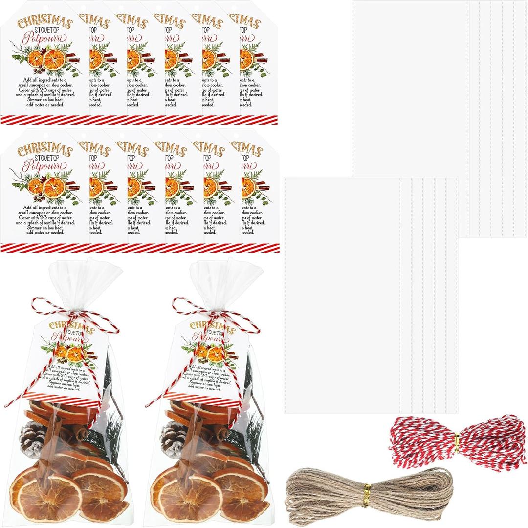 24 Set 50 Pcs Christmas Potpourri Cellophane Bags Potpourri Gift Bags Stovetop Simmer Instruction Tags Holiday DIY Crafting Kit for Home Xmas Party Gift Decor(6 x 12'', Square)