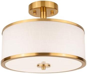 Edwarmlux 3-Light Semi Flush Mount Ceiling Light Fixture, 12.6" Gold Drum Light with White Fabric Shade, Modern Close to Ceiling Light for Living Room Bedroom Dining Room Kitchen Hallway Entry Foyer