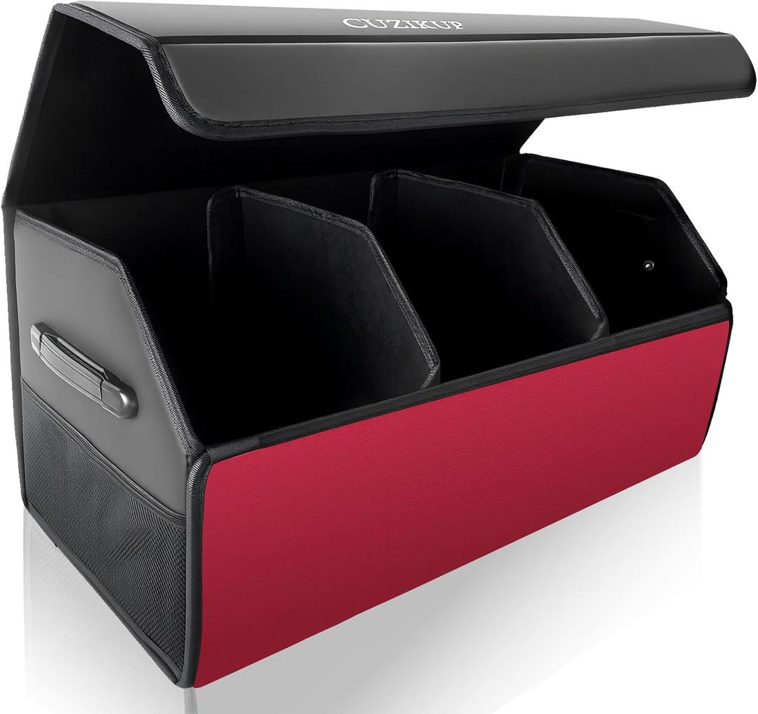 Car Trunk Organizer for SUV Sedan,Extra LargePremium PU Leather Foldable Cargo Storage Box with Magnetic Lid,Multi-Compartment Collapsible Trunk Organizers (Black-Red)