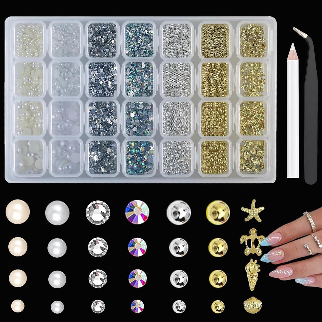 10200pcs Nail Pearl - Half Round Flatback Pearls & Nail Rhinestones Caviar Beads Multi Shapes Metal Rivets - Multi Sizes Flatback Pearl Nail Charms for Nail Art Jewelry Design DIY Crafting
