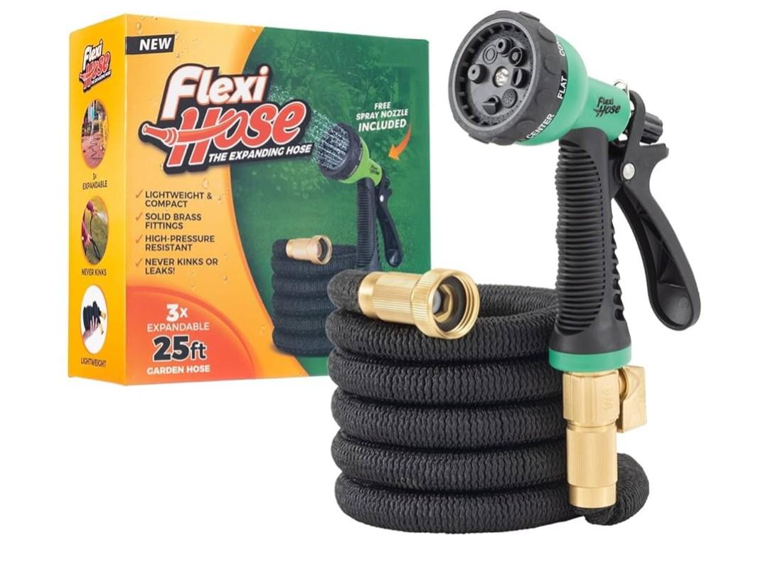 Flexi Hose Expandable Garden Hose with 8 Function Nozzle, 25FT - Lightweight Retractable Garden Hose, Water Hose - No-Kink Flexibility, 3/4 Inch Solid Brass Fittings and Double Latex Core