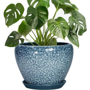 Ceramic Planter Pots - 8 Inch Planters for Indoor Outdoor Plants, Modern Flower Pot with Drainage Hole and Saucer, Round Ceramic Planter, Bookshelf Decor, Gifts for Gardeners, Stone Blue