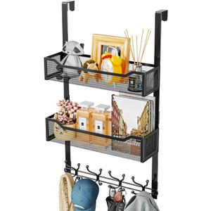 SWTYMIKI Over The Door Hooks Organizer - Multi-Functional Door Hanger with 16 Hooks & 2 Mesh Baskets, Long Coat Rack for Bathroom, Bedroom, Living Room, Home Storage Organizer, Black
