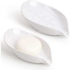 Soap Dish 2PCS, Self-Draining Bar Soap Holder, Leaf Shape Ceramic Drain Soap Dishes for Bathroom Kitchen, Easy to Clean Keeps Soap Dry, White, ANTIS'S HOME
