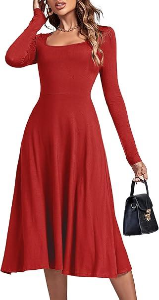 LYANER Women's Square Neck Long Sleeve Empire Waist A Line Flare Solid Midi Dress, S