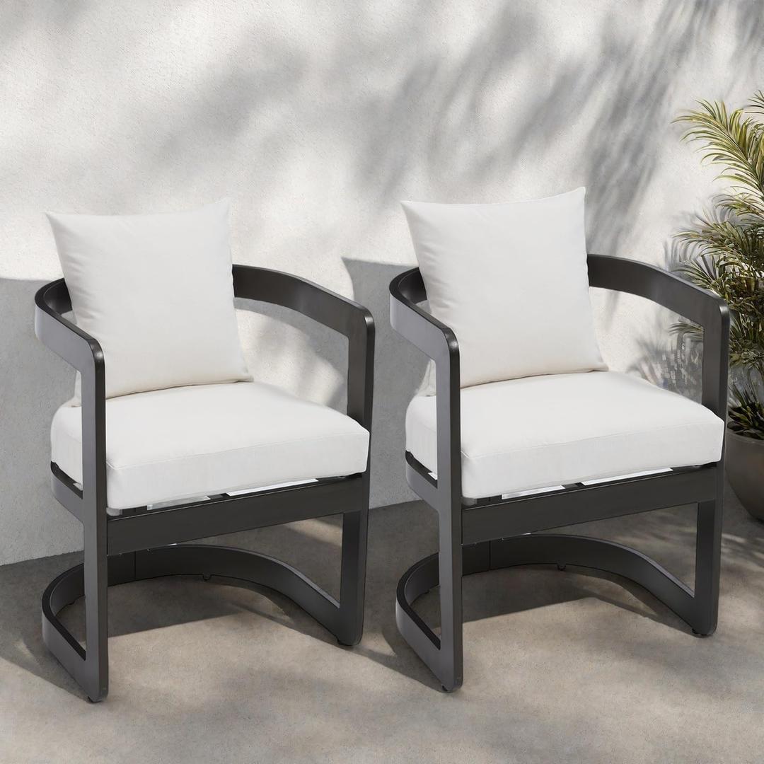 Patio Dining Chairs Set of 2, Modern Outdoor Dining Chairs with Cushions & Backrest, Dining Chairs with Armrests, Metal Outdoor Dining Chair for Garden, Backyard, Lawn & Porch, Beige