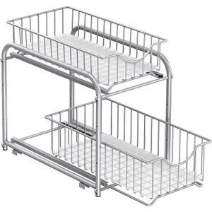 SONGMICS 2-Tier Pull Out Cabinet Organizers, Under Sink Organizer, Bathroom Organizer and Storage, Sliding Basket Drawers, Stackable for Kitchen, Bathroom, Metallic Silver UKCS017E01