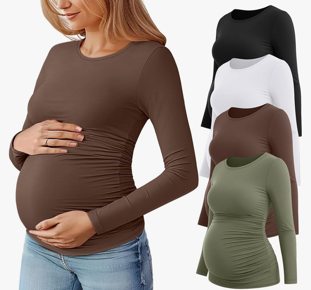 Huukeay 4 Pack Women's Maternity T Shirts, Long Sleeve Side Ruched Pregnancy Top Crew Neck Bodycon Shirts Casual Mama Clothes. Size XL