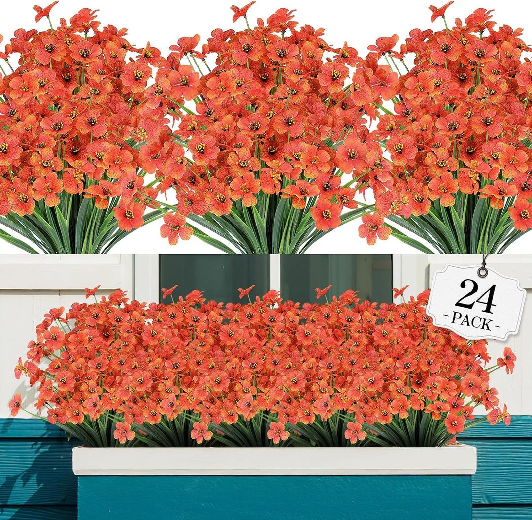 AGIRL 24 Bundles Artificial Fall Flowers Outdoor Indoor Decoration,Fake Plastic Flowers,Faux Mums Plant for Thanksgiving Fall Decor,for Hanging Outside Garden Front Door Porch Patio Window Box