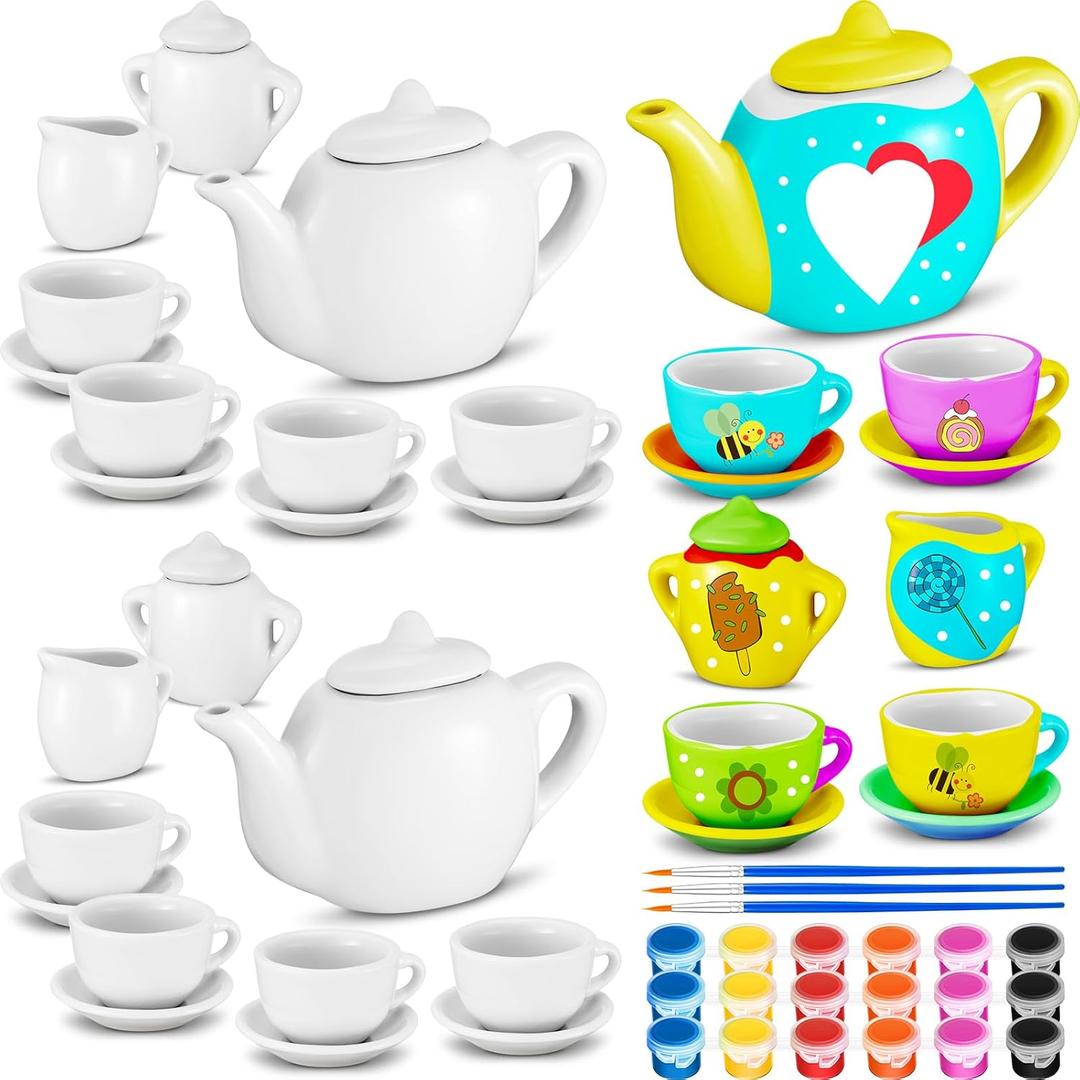 45 Pcs Spring Paint Your Own Tea Kit Craft DIY Tea Kit for Kids Ages 8+ Mini Ceramic Tea Cups to Paint Including Porcelain Dishes Brush for Party Girls Boys Set Stylish Style