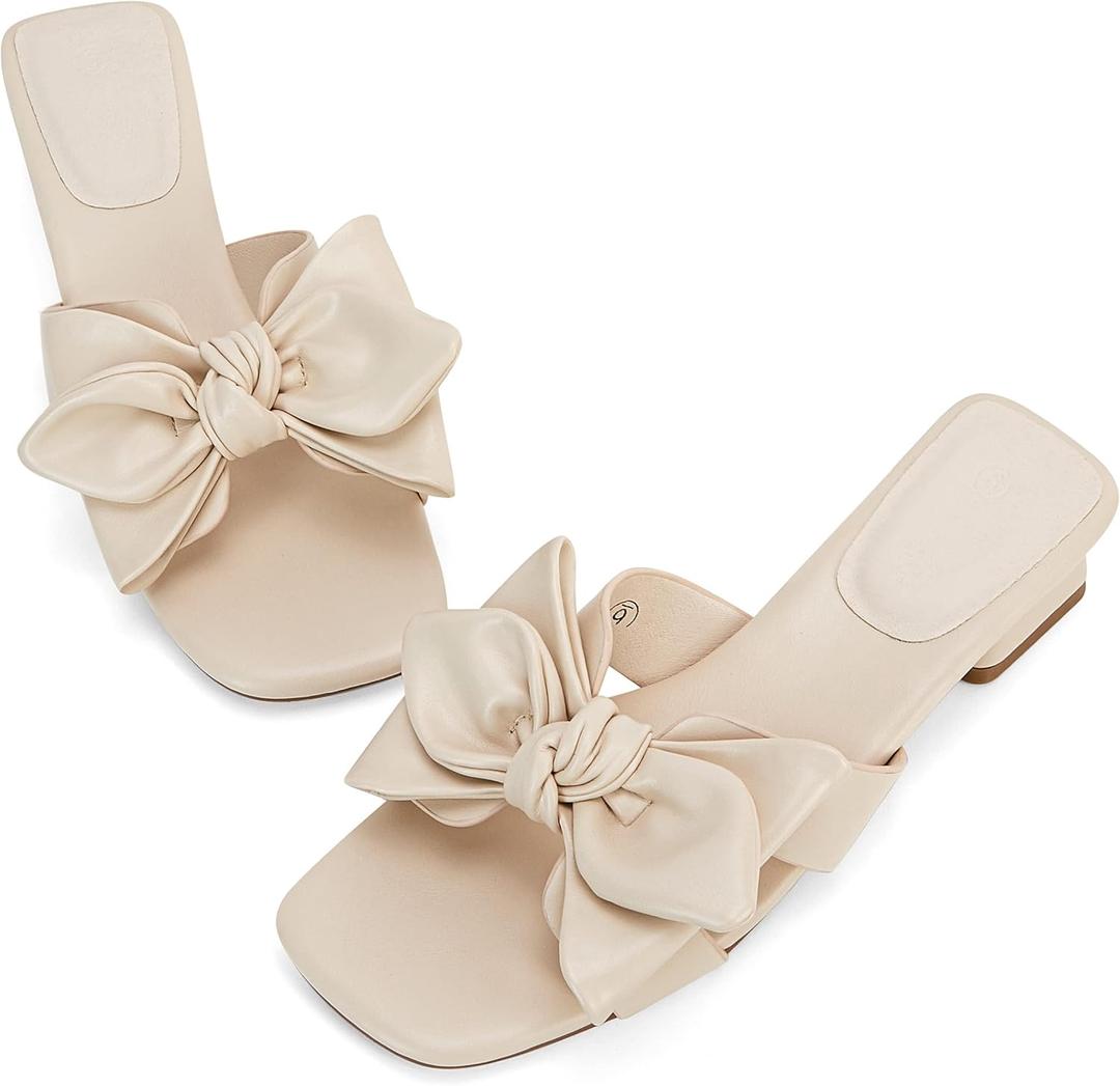 Womens Bow Dressy Low Heel Sandals Slides Summer Chunky Block Heeled Open Toe Mules Slip on Slippers Shoes (8, Beige) Womens Bow Dressy Low Heel Sandals Slides Summer Chunky Block Heeled Open Toe Mules Slip on Slippers Shoes (8, Beige)