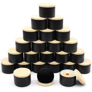 24-Pack 8oz Candle Tins with Wood-Grain Printing Lids, Metal Candle Jars for Candle Making, Bulk Empty Containers for Beginners & DIY Storage - Wood Black
