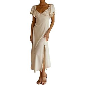 2023 Summer Women's Satin Off Shoulder Formal Dress Wedding Guest Elegant Butterfly Sleeve Split Cocktail Prom Midi Dresses Champagne, Medium