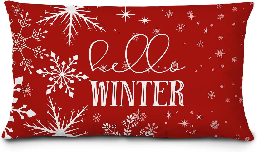 Red Winter Christmas Pillow Covers 12x20, Red Christmas Room Decor, Xmas Hello Winter Snowflake Holiday Lumbar Throw Pillow Covers for Home Bedroom Living Room